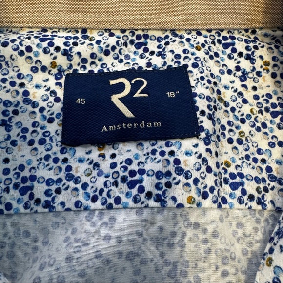 R2 Amsterdam White Graphic Blue Dot Mens Button Up Top- Modern Fit- Size 2XL - Picture 7 of 11